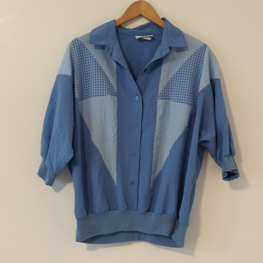 Vintage 80s Cortiva Blue Polyester Pullover Plaid Dolman 3/4 Sleeve Baggy